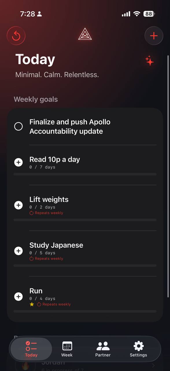 Apollo Accountability’s Today screen showing weekly goals, recurring activities, progress counts, and Today, Week, Partner, and Settings navigation