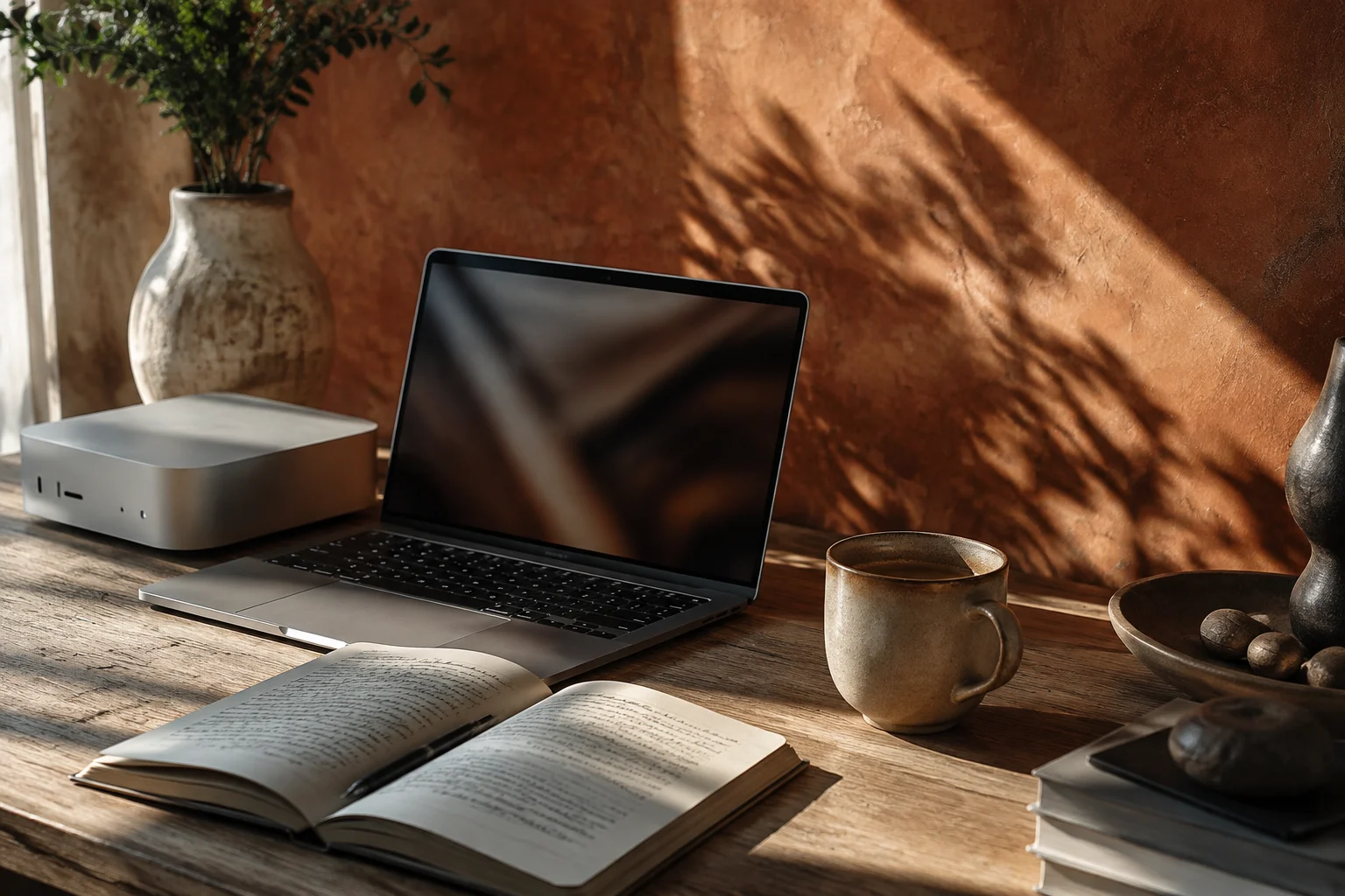 Illustrative sunlit workspace with a notebook, laptop and small desktop computer